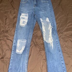 SHEIN Blue Distressed Straight Leg Jeans